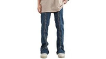 Wholesale Street Wear Stylish Blue Side Slit Flare Stacked Denim Jeans for Men1
