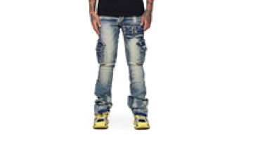 New Fashion Street Design Vintage Blue Stacked Cargo Pants Denim Jeans1