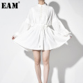 [EAM] Women White Pleated Stitch Big Size Shirt Dress New Stand Collar Long Sleeve Loose Fit Fashion Spring Autumn 2021 JO3700