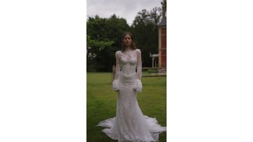 Strapless mermaid wedding gown fashioned from delicate chantilly lace