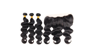 Unprocessed Brazilian Body Wave Bundles with 13*6 Frontal Human Hair Weaves with Closure Baby Natural Black Color1