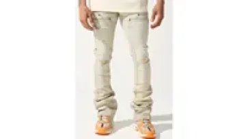 High Quality Vintage Dirty Wash Panels With Rivers Skinny Fit Stretch Ripped Flare  Stacked Men's Jeans1