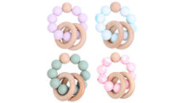 Packaging Wrist Wood Animal Bunny Toys Ring Rainbow Crocheted Silicone Baby Teethers Gift Set1