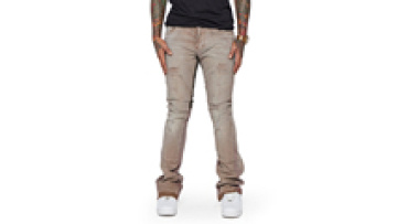 Wholesale Custom Men's Fashion Jeans Distressed Slim Fit Carpenters Cargo Jeans Men Patchwork Stacked Denim Jeans Flare1