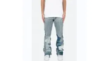 New Design High Quality Vintage Blue Wash Denim Patchwork Straight Fit Stacked Flare Men's Jeans1