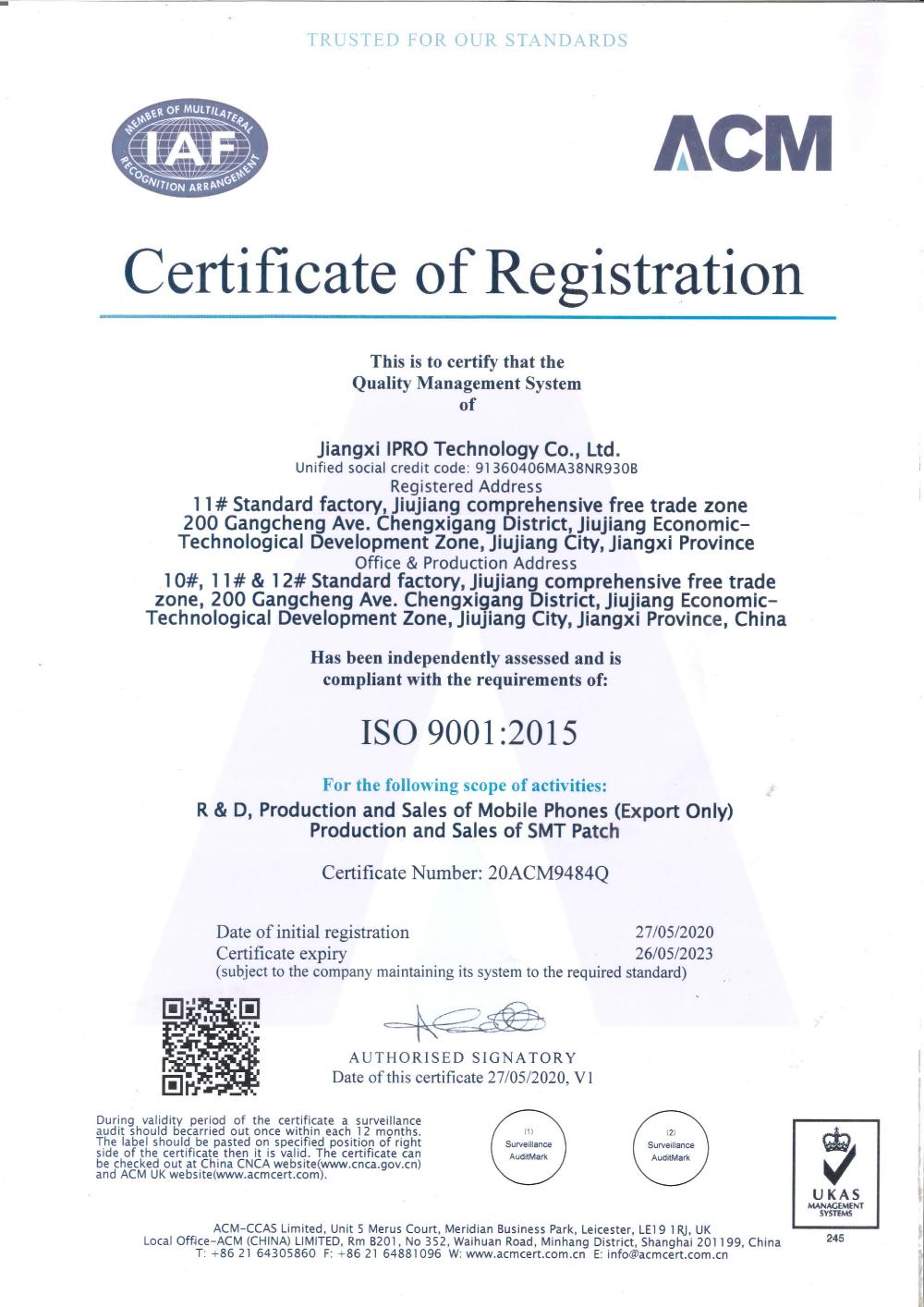 ISO9001 2015 Certificate of Registration