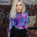 Hugcitar 2020 Cartoon print mesh see-through sexy tops spring summer women fashion streetwear outfits T-shirts chic club wear