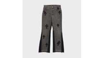 Flared Trouser Acid Washed Denim Distressed Jeans Custom Leather Embroidery Patch Loose Plus Size Men's Jeans1