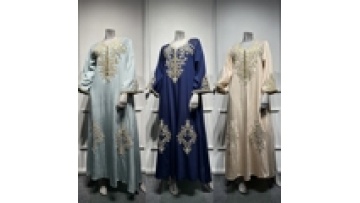 New Fashion EID Ramadan Islamic Clothing Solid Color Embroidery Beading Long Sleeve Loose Abaya Women Muslim Dress1