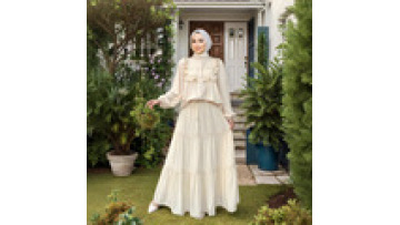 Morocco Middle East Arab Muslim Women's Hollow Lace Patchwork Bubble Sleeve Top+Large Swing Skirt Two Piece Set Ramadan1