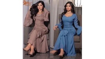 2024 New Arrival Solid Color Ruffled Elegant Long Shiny Middle Eastern Dress Fashion Evening Dress Wholesale Women Dress1