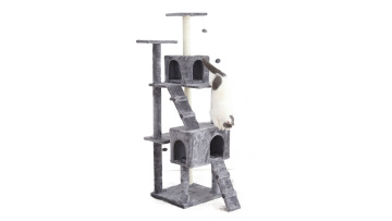 Grey Elegant Plush Kitten Wooden Houses Entertainment Scratching Post Tower Platform Cat Tree1