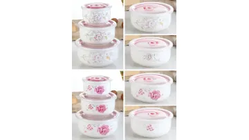 Round 3PCS Porcelain Storage Bowl Set Ceramic Bowls Plastic Cover New Bone China Bowl1