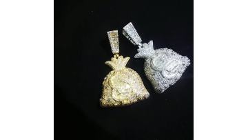 Hot Sale Hip Hop Gold Plated Dollar Purse Necklace Men's Micro Inlay Cubic Zirconia Iced Out Dollar Money Bag Pendant Necklaces1