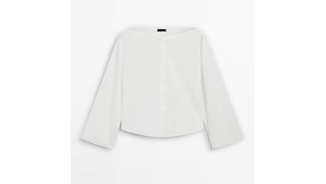 Women's French minimalist vintage style pure cotton boat neck long sleeved white shirt