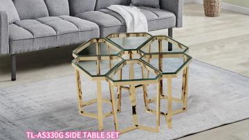 TL-AS330G Modular Hexagonal Glass Nesting Tables (Set of 6) – Gold & Clear
