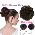 100% Human Hair Bun Extensions Drawstring Chignons Hair Piece Wig Wavy Curly Messy Hairpiece Non-remy Brazilian Brown Color