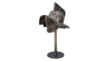 Ancient Roman Bronze Helmet Statue with Patina Finish and Display Stand