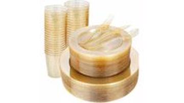 150 PCS Gold Glitter Plastic Disposable Tableware for Parties-Includes Dinner and Dessert Plates Silverware Cups1