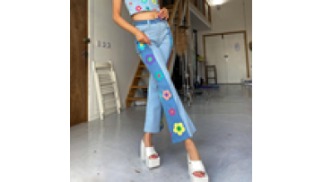 Y2K Patch Embroidery Flore Jeans Sweet Patchwork Ladies Denim Flare Trousers Casual High Waisted Wide Leg Pants Women Flower1