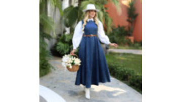 Denim Blue Long Sleeveless Women's Muslim Jalabiya Middle East Maxi Jean Dress Islamic Abaya with Slimming Belt for Eid Ramadan1