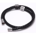Black Leather Cubic Zirconia Charm Magnetic Clasp Bracelet