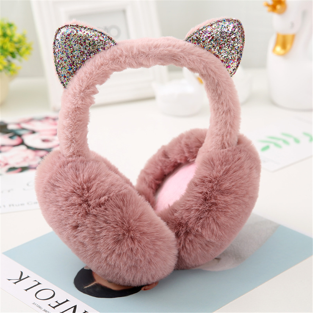 Oversized Headband Earmuffs For Women Girl Fur Winter Ear Warmer Cat Ear Muffs Earlap Glitter Sequin Earmuffs Newest 2021