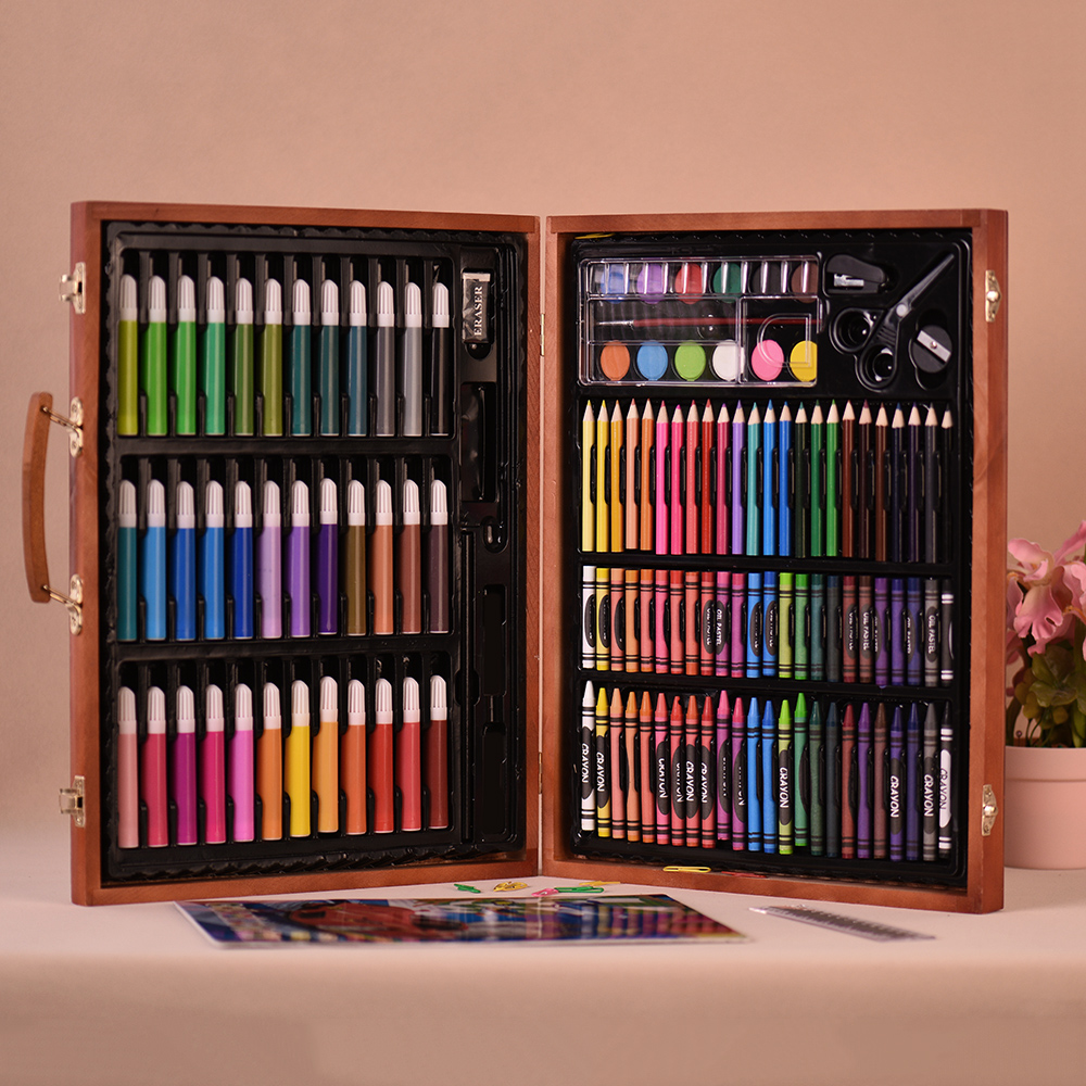 148pcs Deluxe Art Set for Kids with Wooden Case Color Markers Pencils Crayons Oil Pastels Water-color Painting Supplies