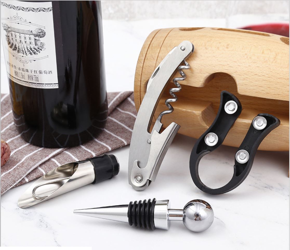 4 in 1 Wine Opener Set with Wooden Swing Stand Stainless Steel Seahorse Knife Accessories