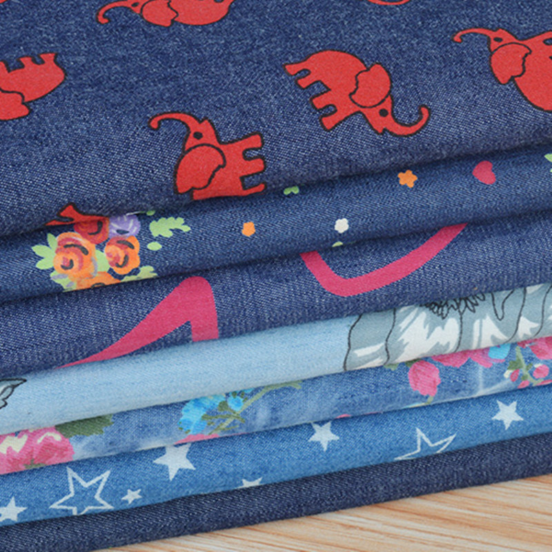 Wide 150cm Soft Thin Colored Printed Washed Cotton Denim fabric Blue jean material By the Half Yard For Pants Skirt Summer Shirt