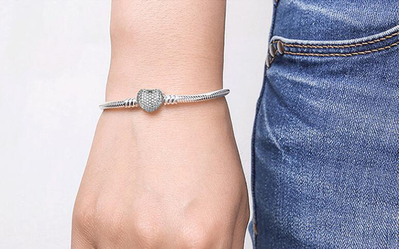 Original 925 Solid Silver Snake Chain Bracelet Bangle Secure Heart Clasp Beads Charms Bracelet For Women DIY Jewelry Making