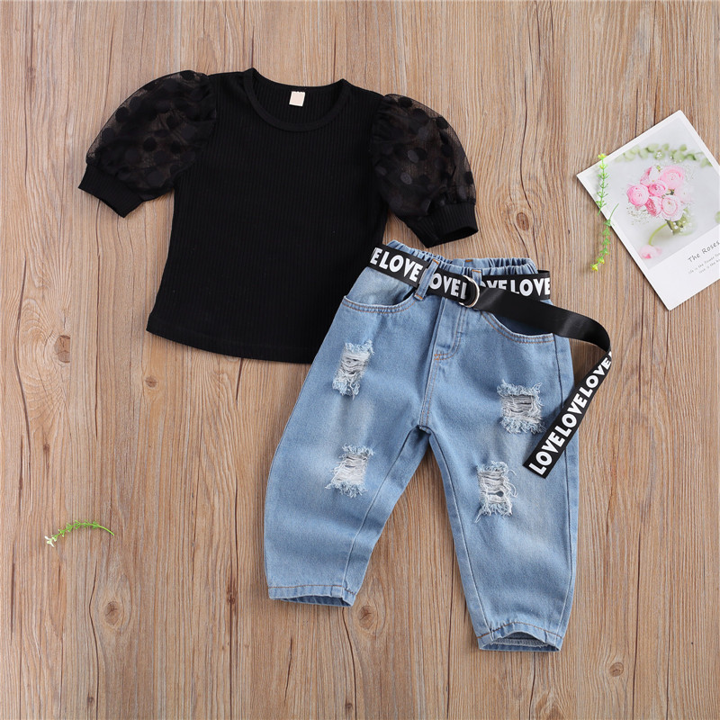 2-7Y Summer Girls Clothing Sets Fashion Children Girls Mesh Puff Sleeve T-shirts Tops+Ripped Hole Pants Jeans with Belt Outfits