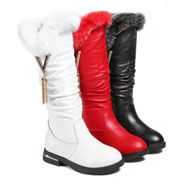 Metal Fringe Long Boots Princess Girls Genuine Leather Boots Elegant Plush Warm Flat Dress Dance Shoes Christmas Snowshoes 27-37