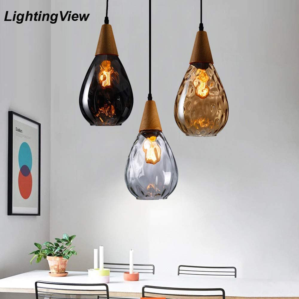 Nordic LED Pendant Lights Water Drop Glass Wood Loft Pendant Lamp Kitchen Light for Loft Kitchen Island Cafe Bar Dining Room