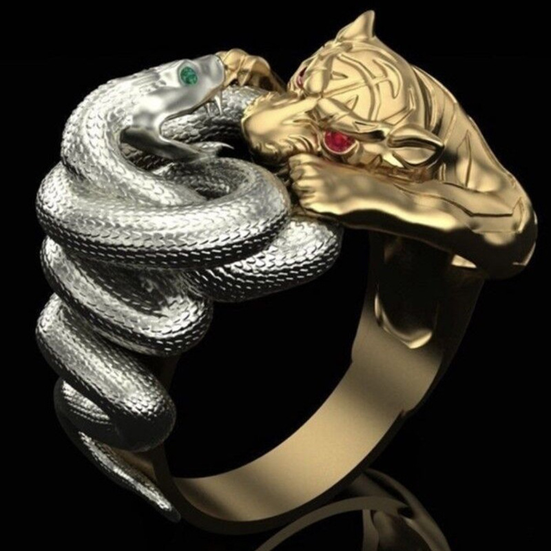 Bohemia Vintage Gold Tiger Silver Color Snake Fighting Ring Male Red Zircon Steampunk Biker Rings for Men Hip Hop Jewelry