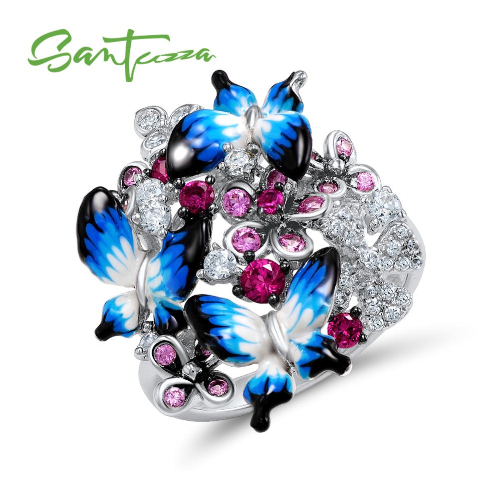 SANTUZZA Jewelry Set For Woman 925 Sterling Silver HANDMADE Colorful Enamel Blue Butterfly CZ Ring Earrings Set Fashion Jewelry