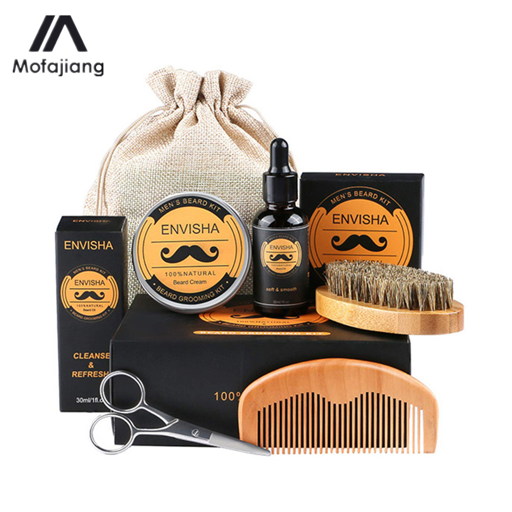 7pcs Men Beard Grooming Kit Mustache Beard Hair Growth Oil Styling Tool Beard Essential Balm Comb Moisturize Wax Scissor