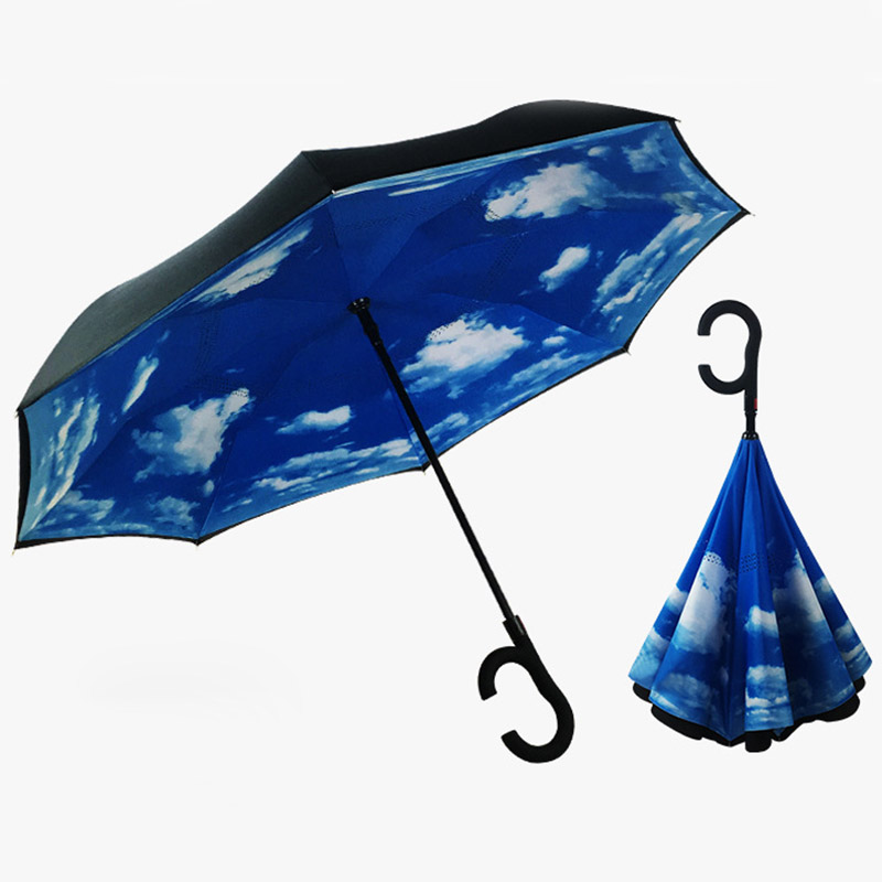 Hot C Handle Reverse Folding Umbrella Man Women Sun Rain Car Semi-automatic Umbrellas Double Layer Anti UV Self Stand Parapluie