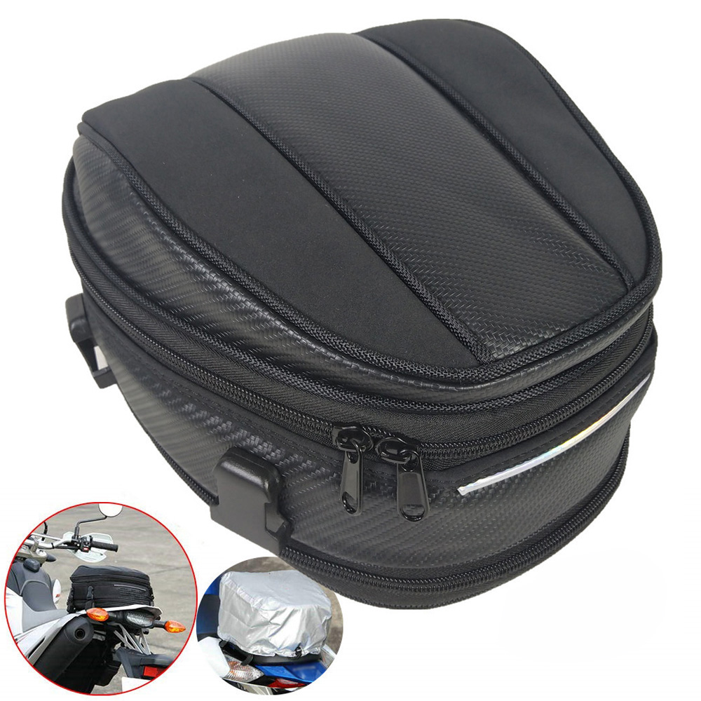 Motorcycle Rear Seat Helmet Luggage Bag Tail Box W/ Rain Cover 30*24*8-15cm Kit