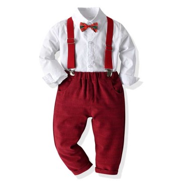 Boy Clothing Set Dress Suit Gentleman White Shirt with Bow tie +Red Pants Party wedding Handsome Kid Clothing For Boys Clothes