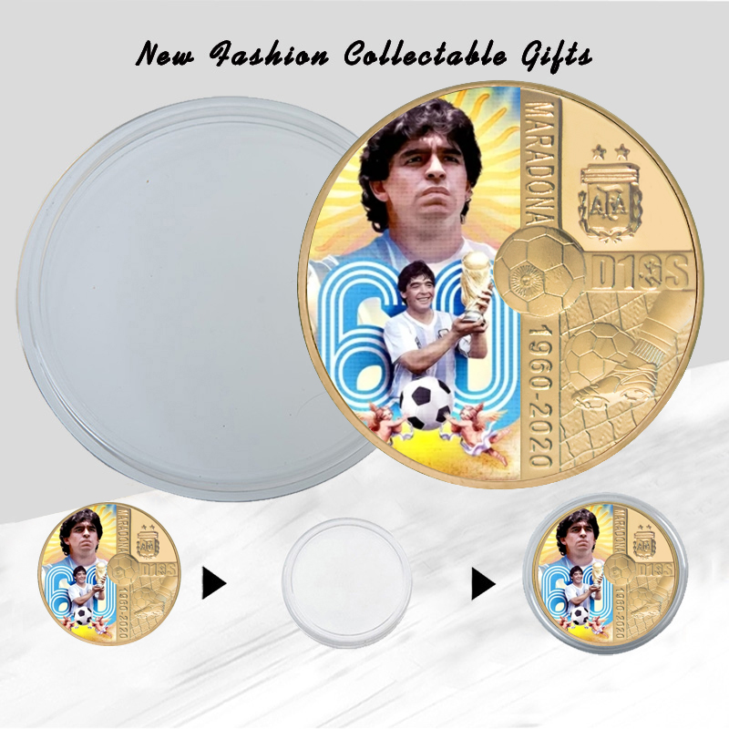 1960-2020 RIP Diego Maradona Gold Plated Commemorative Coin Set with Coin Holder Football Challenge Coins Souvenir Gift for Him