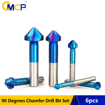 6pcs 90 Degrees 6.3-20.5mm Chamfer Drill Bit Set HSS 3 Flutes Chamfer Cutter Nano Blue Coated Countersink Drill Bit