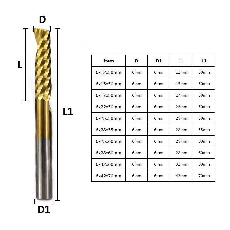XCAN 1pc 6mm Shank Carbide Spiral End Mill Titanium Coated Single Flute Milling Cutter 1 Flute CNC Engraving Bit End Mill