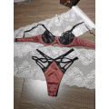 Sexy lace satin stitching bralette ultra-thin underwear perspective temptation T-pants bra set see-through lingerie with thong