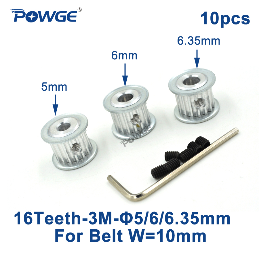 POWGE 16 Teeth HTD 3M Timing Pulley Bore 4mm 5mm 6mm 6.35mm for Width 10mm 3M Timing belt gear HTD3M pulley 16Teeth 16T 10pcs