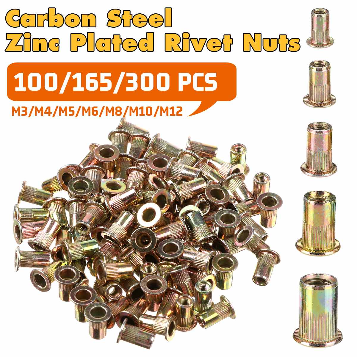 100/165/300 PCS Carbon Steel Zinc Plated Rivet Nuts Flat Head Threaded Rivet Insert Nutsert Rivet Nut Assortment Kit M3 to M12