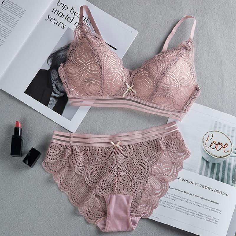 Women Sexy No Steel Ring Wire Free Bra Lace Floral Briefs Underwear Triangle Cup Bra Set