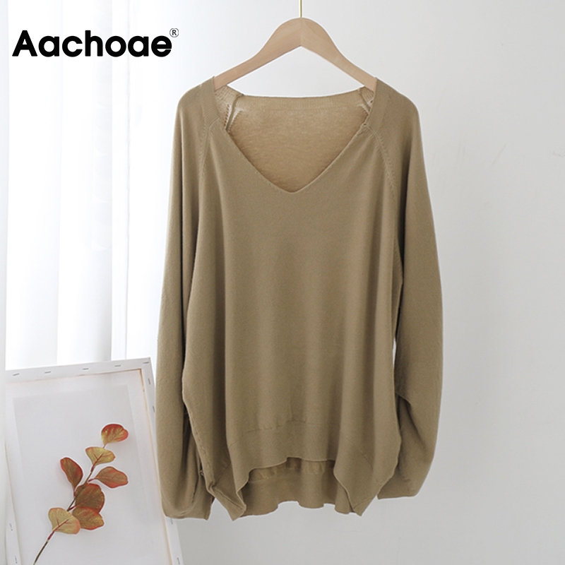 Aachoae Casual Solid V Neck Sweater Women Irregular Long Sleeve Pullover Sweaters Base Loose Lady Sweaters Sueter Mujer 2020