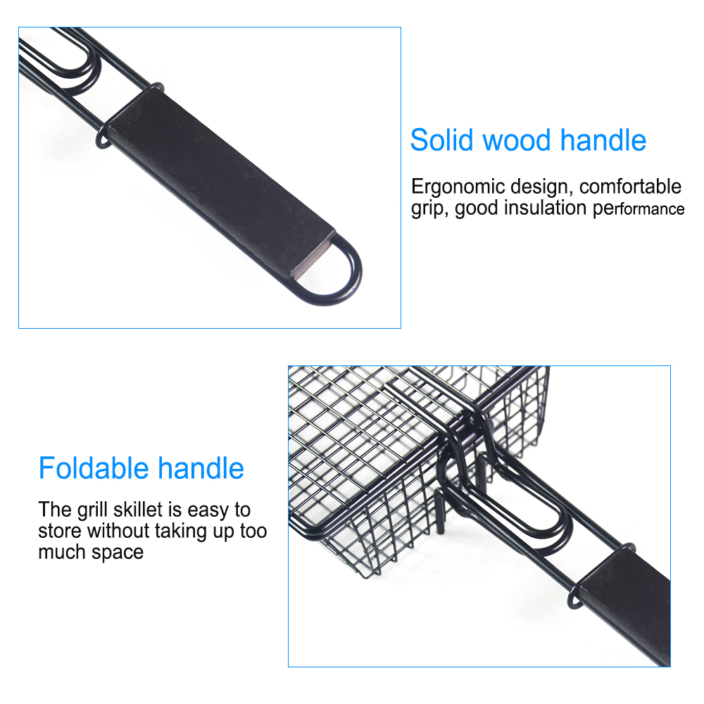 Non-stick Grill Basket with Lid Metal Barbecue Basket with Foldable Removeable Wooden Handle BBQ Tool for Fish Vegetable Steak