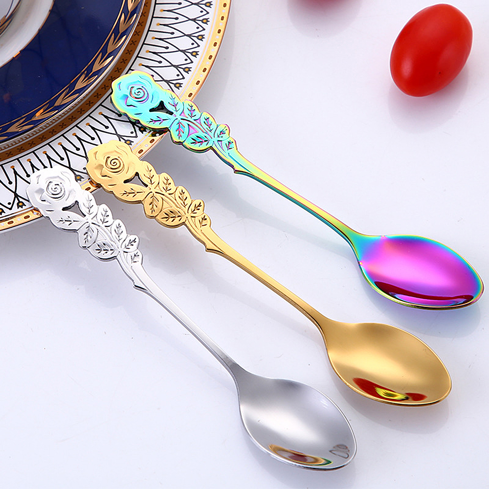 Cute Stirring Spoon Coffee Spoon Rose Colorful Stainless Steel Ice Cream Tea Spoons Bar Tools Dining Kitchen Gadgets Accessories